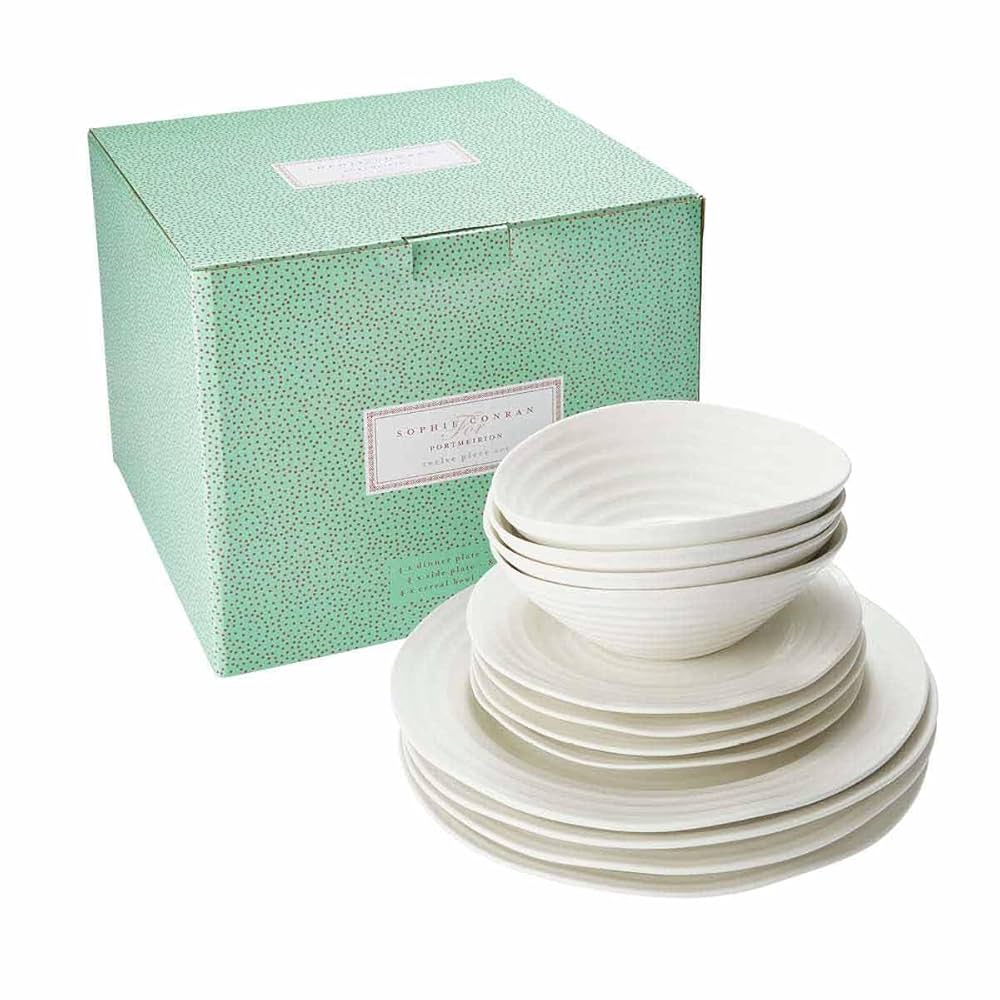 Portmeirion Sophie Conran White 12 Piece Set, Elegant Porcelain Dinnerware,  Appetizer, Buffet, Dinner, and Lunch Plates Service for 4