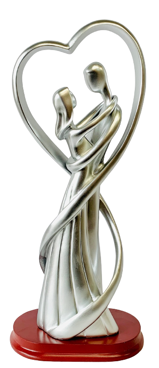Lovers Couple Silver Painted Ceramic Statue On Wooden Base 12.5"tall X 5.5"wide X 3.5"deep