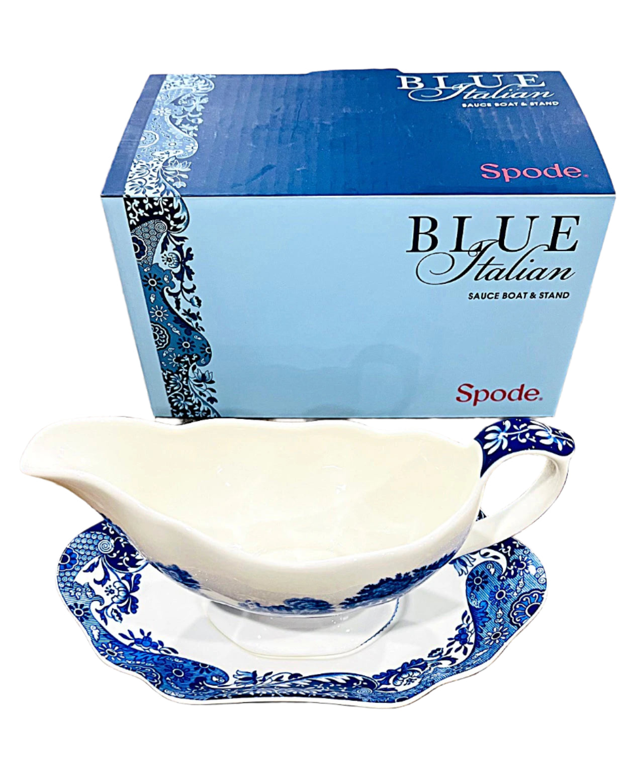 Spode Blue Italian Gravy and Stand Porcelain 9"wide X 5"deep X 5"hi