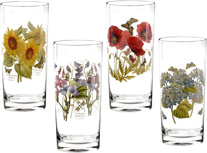 Portmeirion Botanic Garden Highball Glasses Set of 4 Tall Drinking Glasses Ideal for Juice, or Cocktails with Assorted Motifs