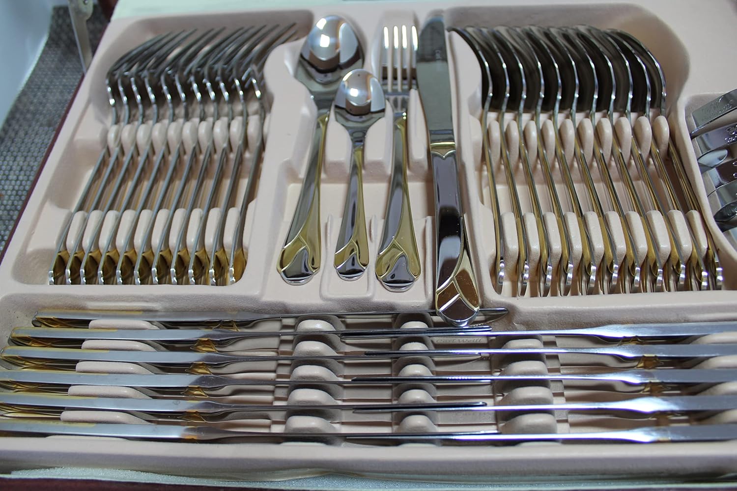Flatware 18/10 Stainless Steel 78 Piece Cutlery Set Tulip Gold from Carl Weill, Service for 12 people include 12 serving piece set