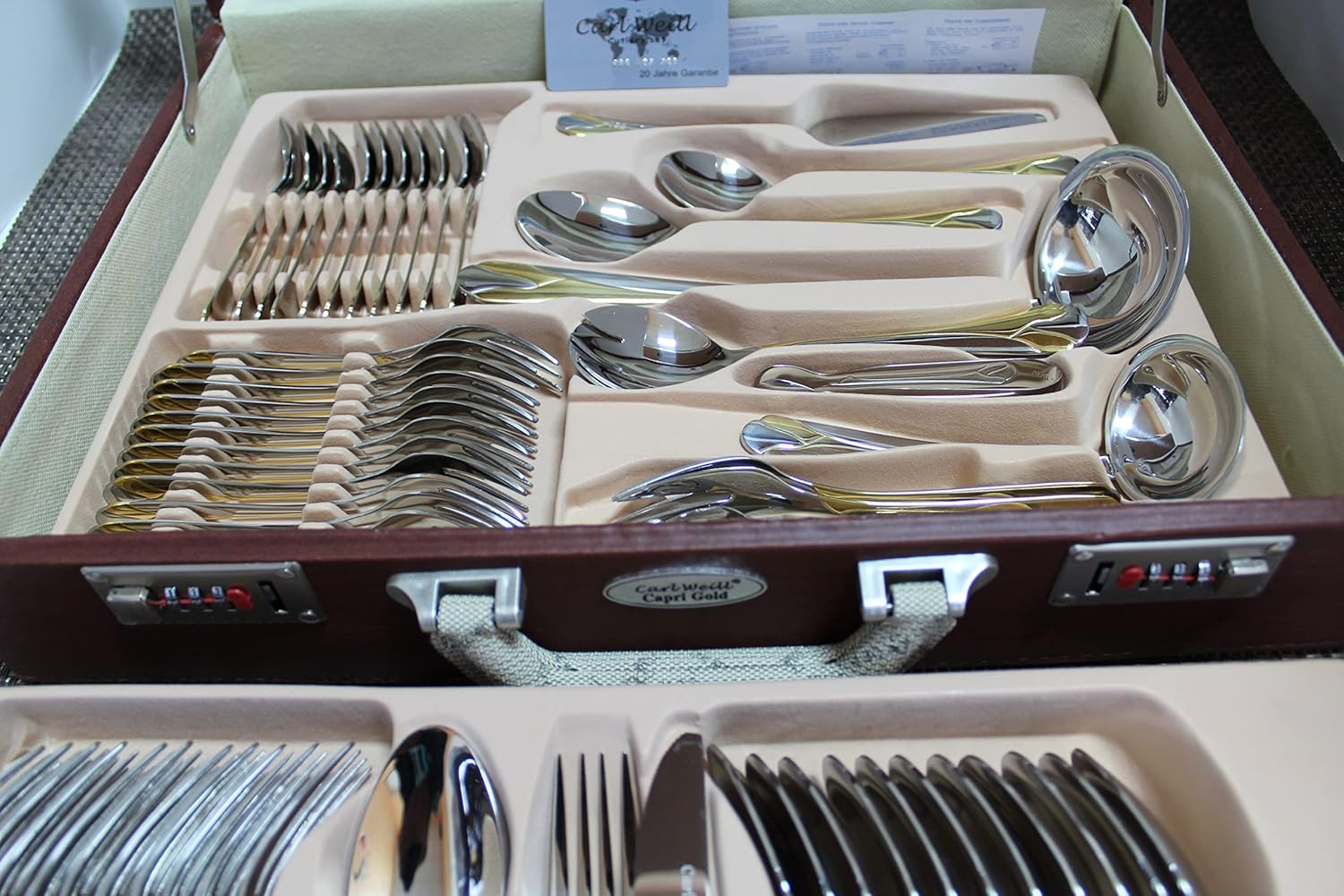 Flatware 18/10 Stainless Steel 78 Piece Cutlery Set Tulip Gold from Carl Weill, Service for 12 people include 12 serving piece set