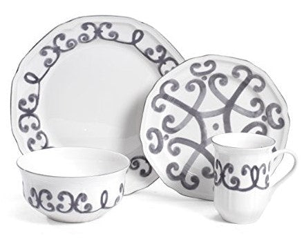 Mikasa Dinner 16 Piece Set Antique White Scroll Service for 4 People Microwave and Dishwasher safe