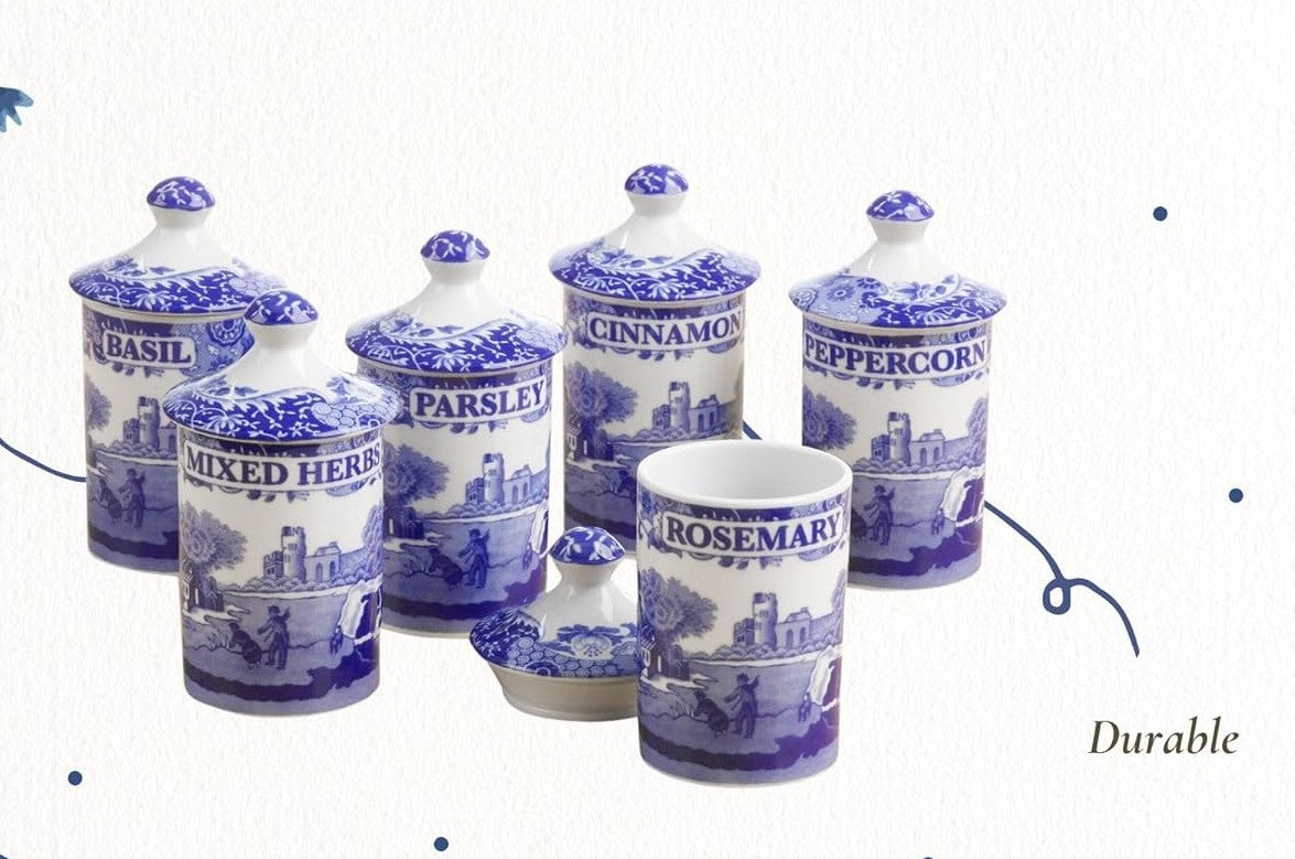 Spode Blue Italian Spice Jars Set of 6 Beautiful and Functional Kitchen Décor