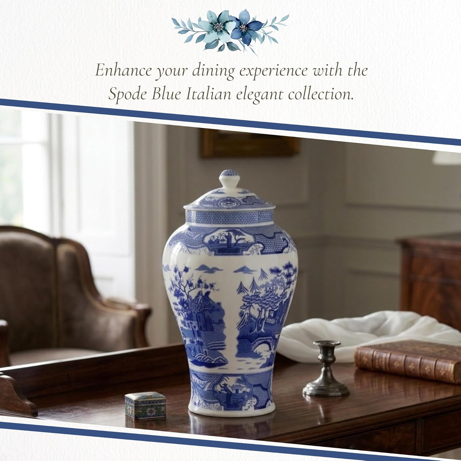 Spode Blue Italian Vase with cover 14.3"tall