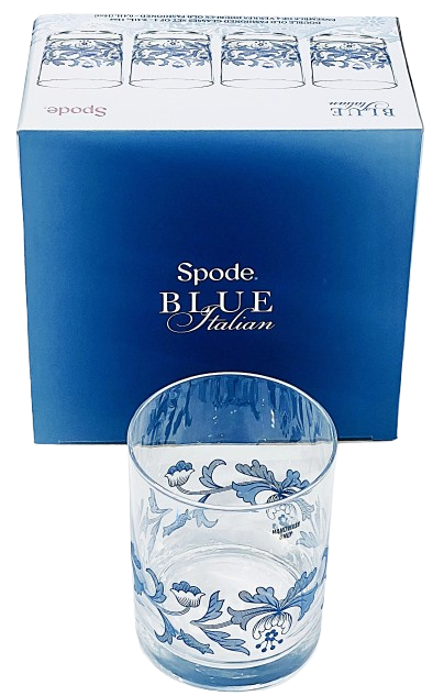 Spode Blue Italian Double Old Fashioned Glasses, Set of 4, Tumblers 14-Ounce Capacity