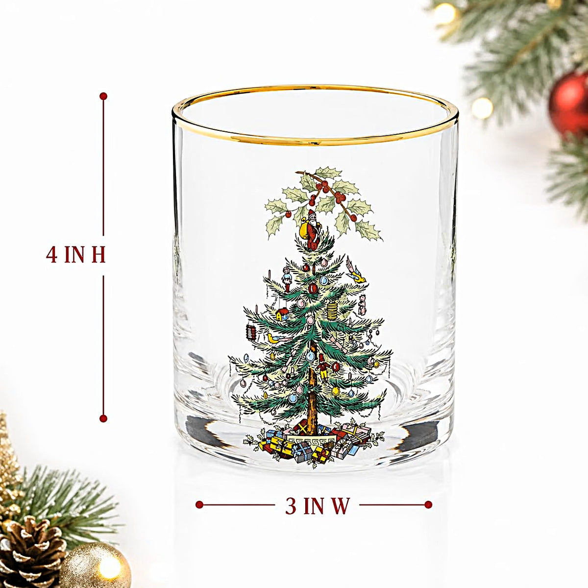 Spode Christmas Tree Glass, Double Old Fashion DOF Glasses, Gold Rimmed, 14-OZ set of 4