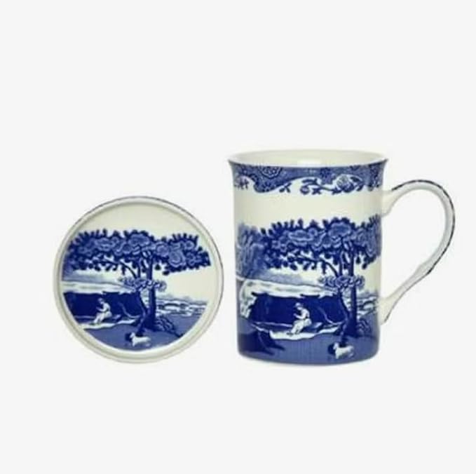 Spode Blue Italian Mug and Coaster Set, Porcelain, Blue and White, 8.5 x 12 x 10.5 cm