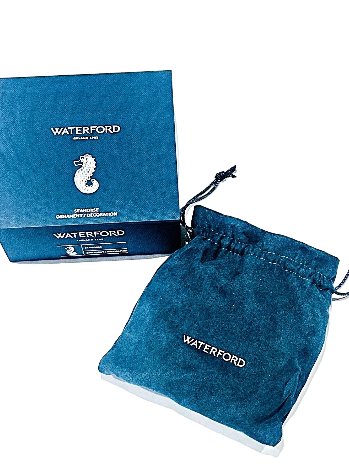 Waterford branded box and drawstring velvet bag on a white background