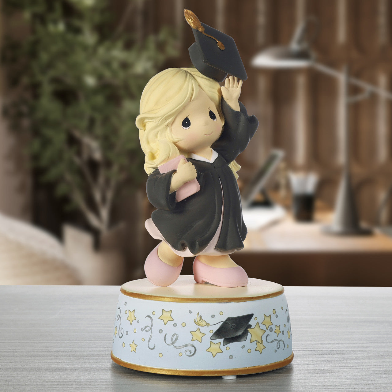 Precious Moments Graduate Girl musical Figurine with Black Dress Blond