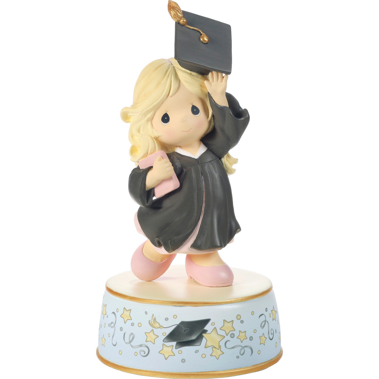 Precious Moments Graduate Girl musical Figurine with Black Dress Blond