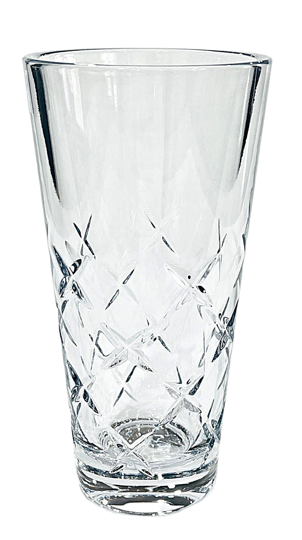 Clear glass with diamond cut pattern on a white background