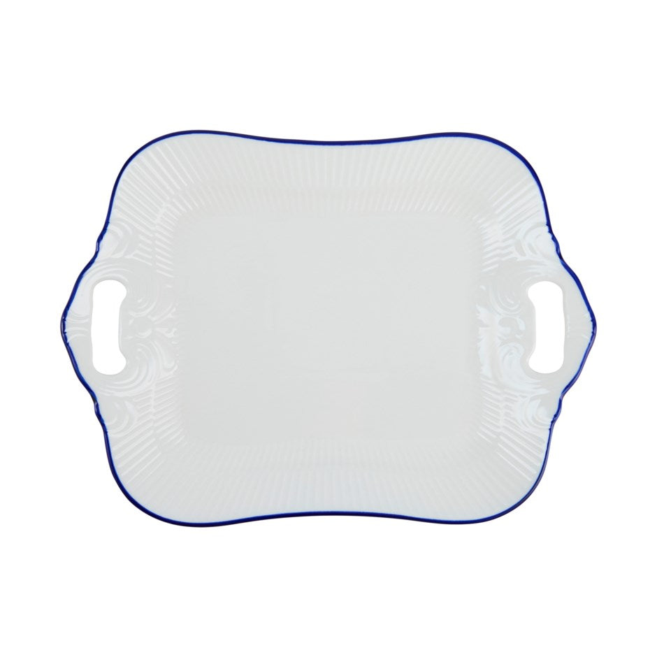 White oblong plate with blue rim and handles on a white background
