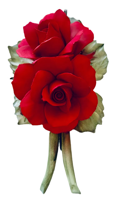 Red Roses on Stem Original Capodimonte Porcelain 2 Flower Hand Made and hand painted in Italy