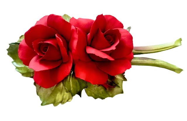 Red Roses on Stem Original Capodimonte Porcelain 2 Flower Hand Made and hand painted in Italy