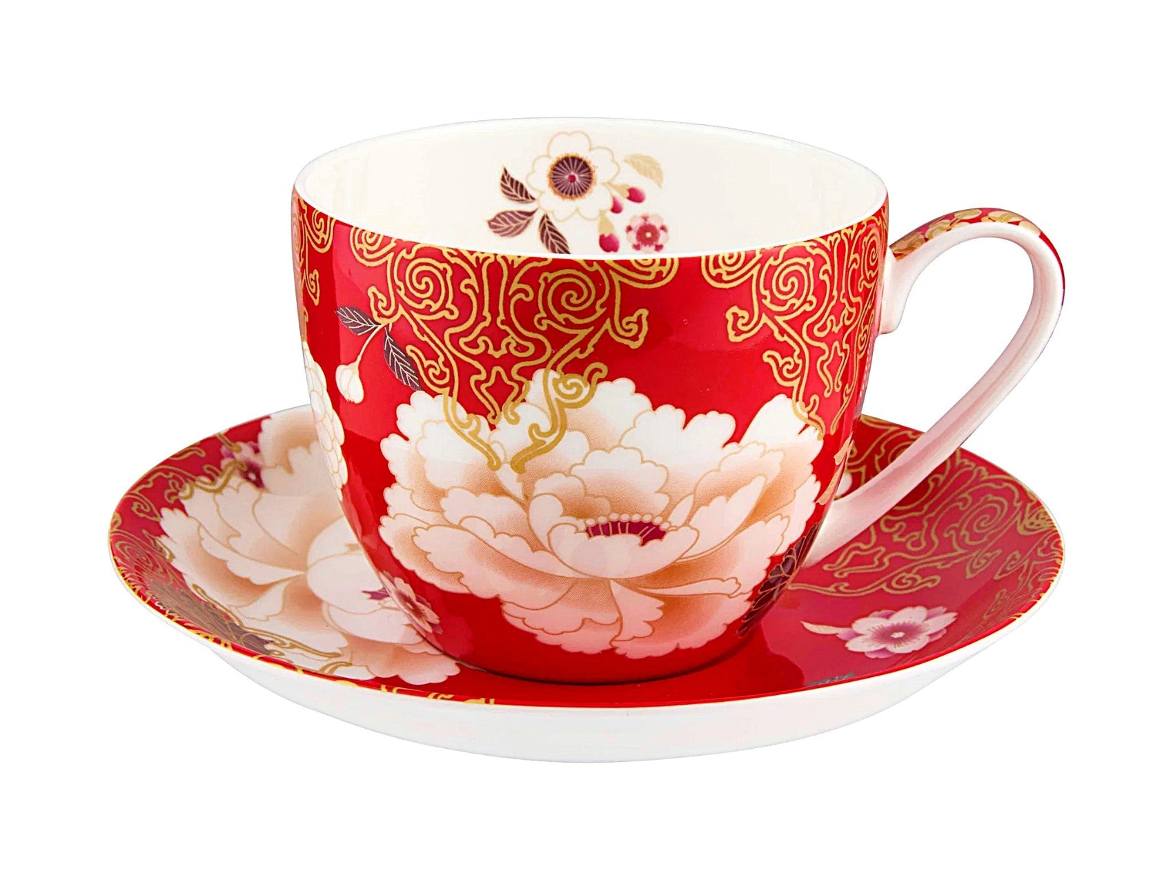 Bone China teacup and saucer with floral patterns on a white background