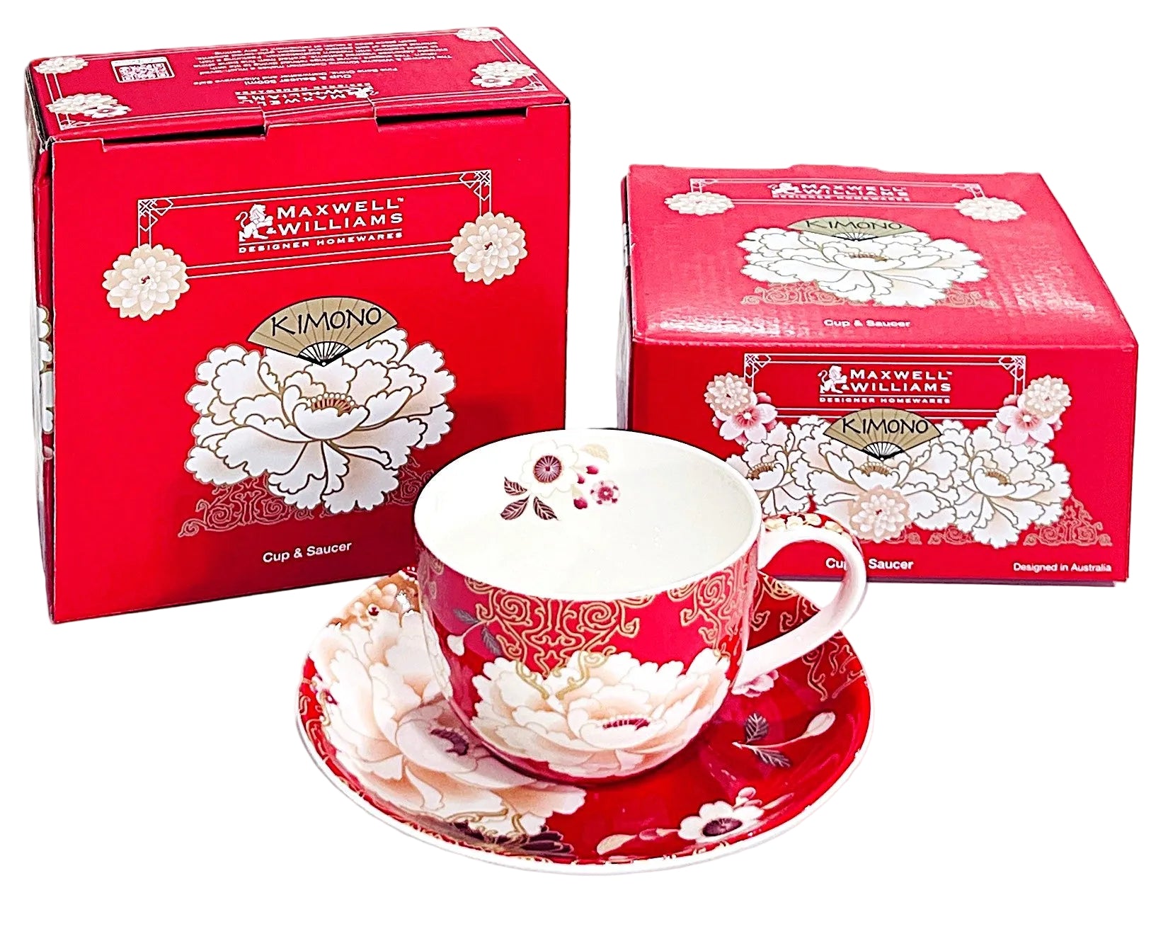 Maxwell & Williams teacup and saucer set Kimono Red with matching packaging on a white background