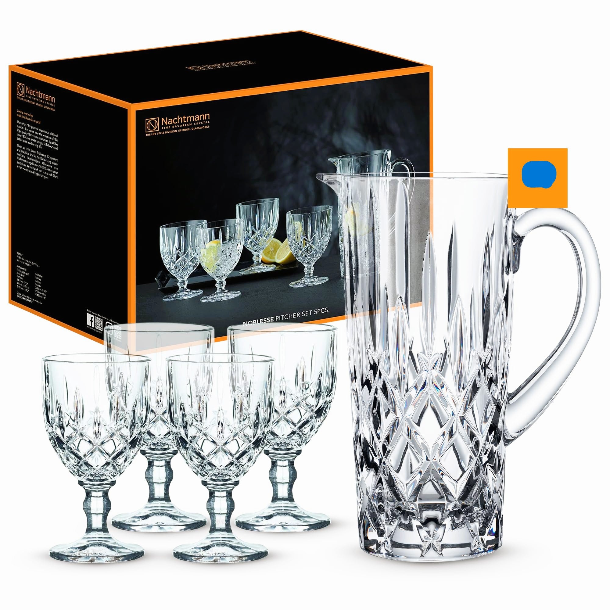 Nachtmann Noblesse 5 piece Set Includes 1 Pitcher and 4 All Purpose Glasses | Made of Clear Crystal Glass | Dishwasher Safe