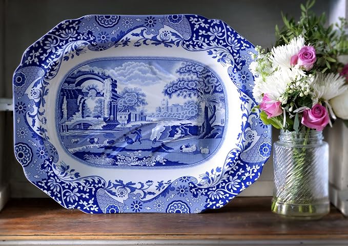Spode Blue Italian Platter 14" Medium Oval Serving Platter for Dessert, Appetizers, and Snacks