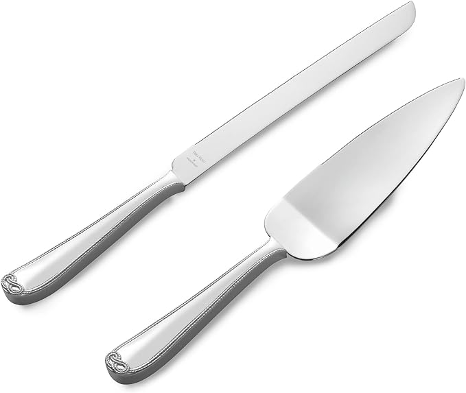 A two-piece cake knife and server set with stainless steel and silver plated handles, part of the Vera Wang Infinity Collection.