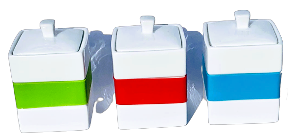 Cannister 3 piece set white porcelain with color bands, 7cm X 7cm X 10cm Each