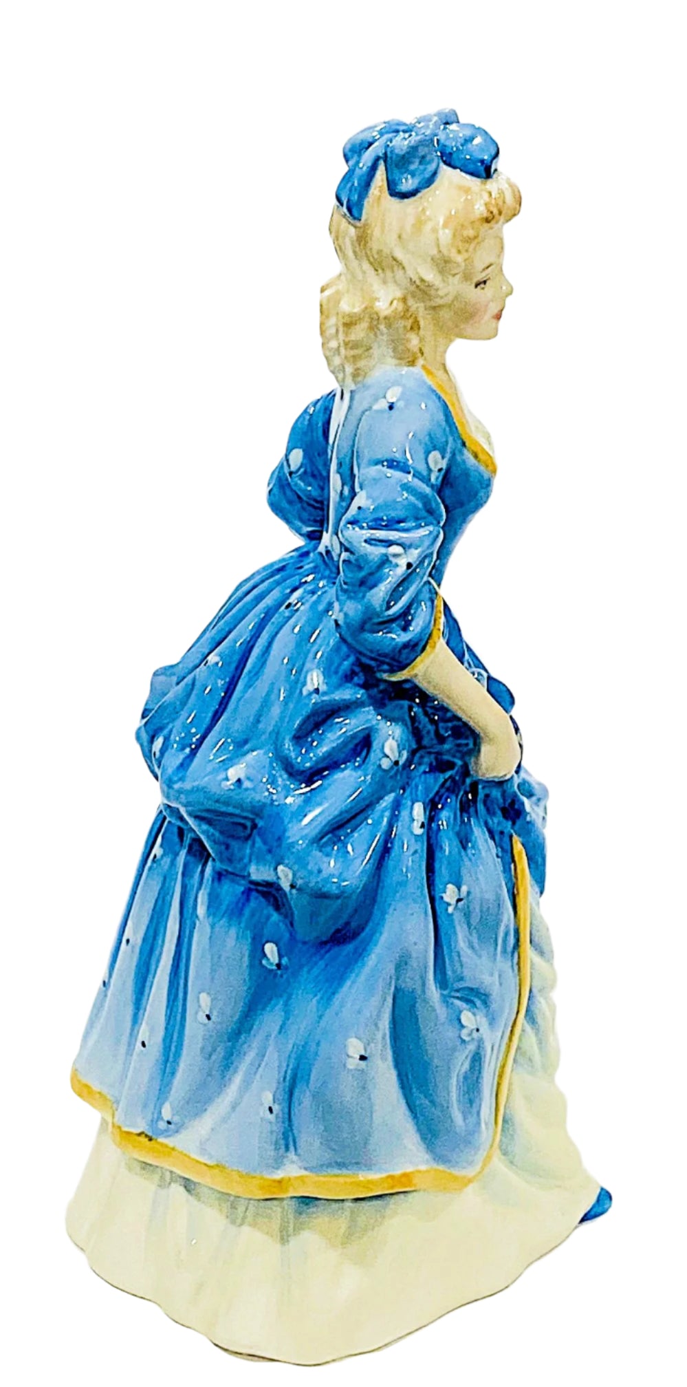 Bone China figurine of a woman in a blue dress with a white background