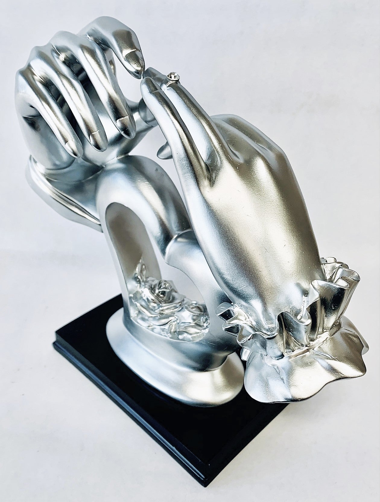 Engagement - Wedding Hands Silver Color On Wooden Base 10"wide X 4"deep X 10"high