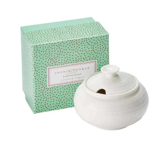 Portmeirion Sophie Conran White Covered Sugar Bowl 11 Oz Sugar Container Sugar Jar for Coffee Bar, Home, and Kitchen Countertop | Made from Fine Porcelain
