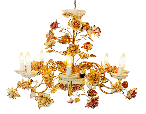 Capodimonte Flowers Chandelier 8 Lights Gold Plated Arms