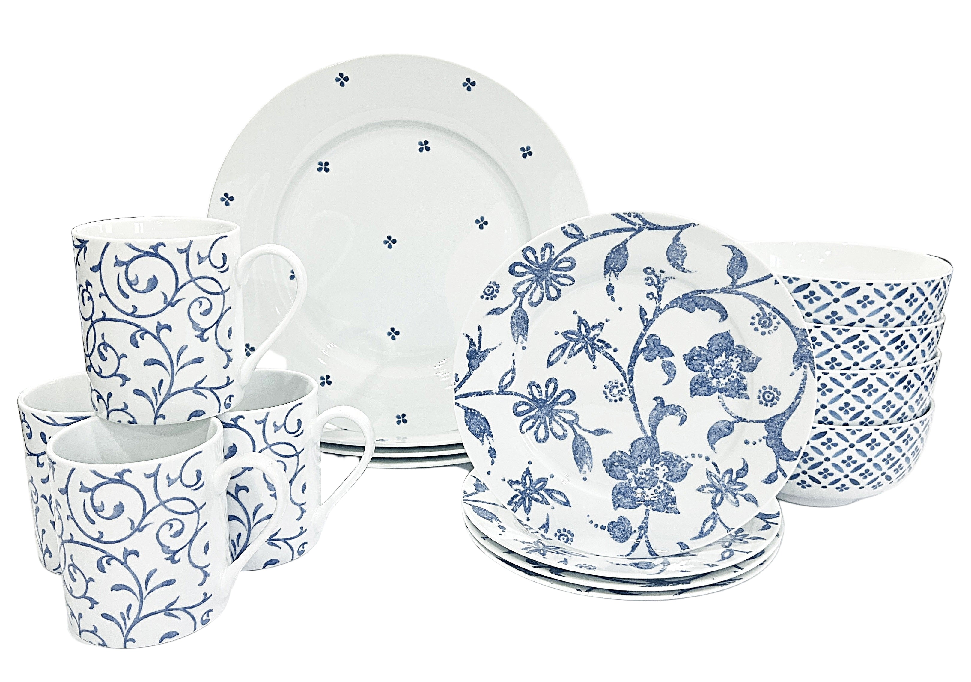 Ceramic dinnerware set with blue floral and geometric patterns on a white background