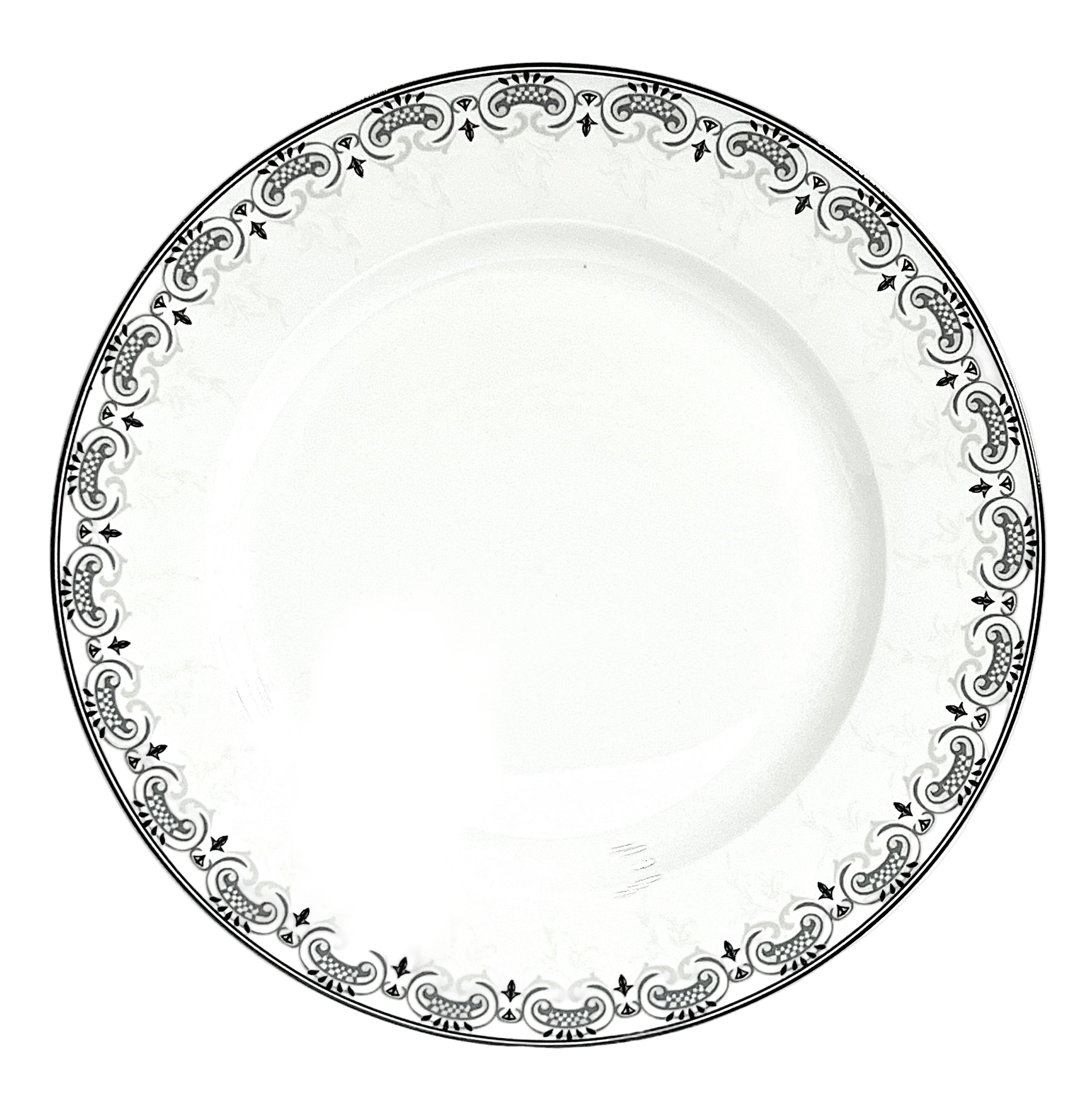 White plate with black decorative rim on a white background