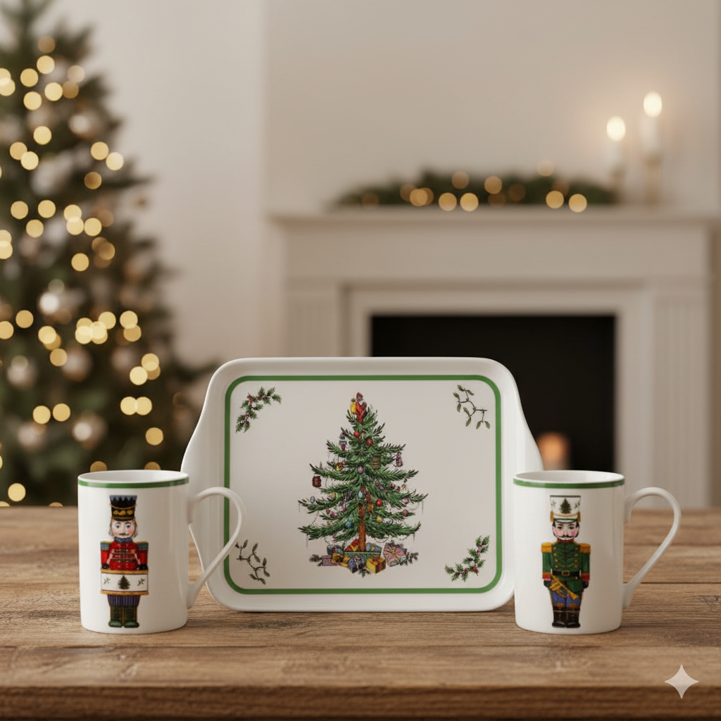Spode – Christmas Tree Nutcracker Mugs and Tray, 3-Piece Set, Holiday Breakfast Tray, 10-Ounce Coffee Mug, Made of Porcelain and Melamine, Dishwasher Safe