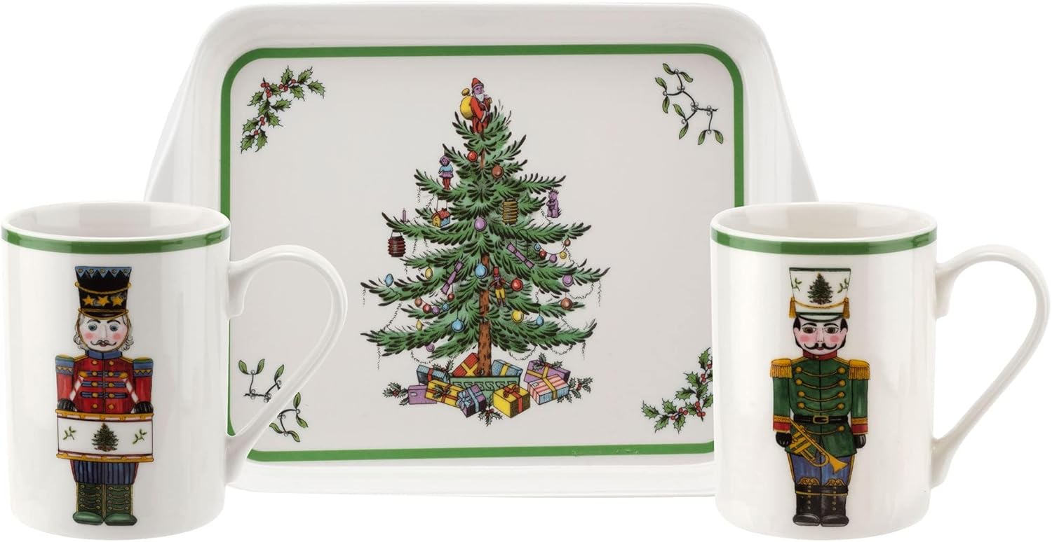 Spode – Christmas Tree Nutcracker Mugs and Tray, 3-Piece Set, Holiday Breakfast Tray, 10-Ounce Coffee Mug, Made of Porcelain and Melamine, Dishwasher Safe