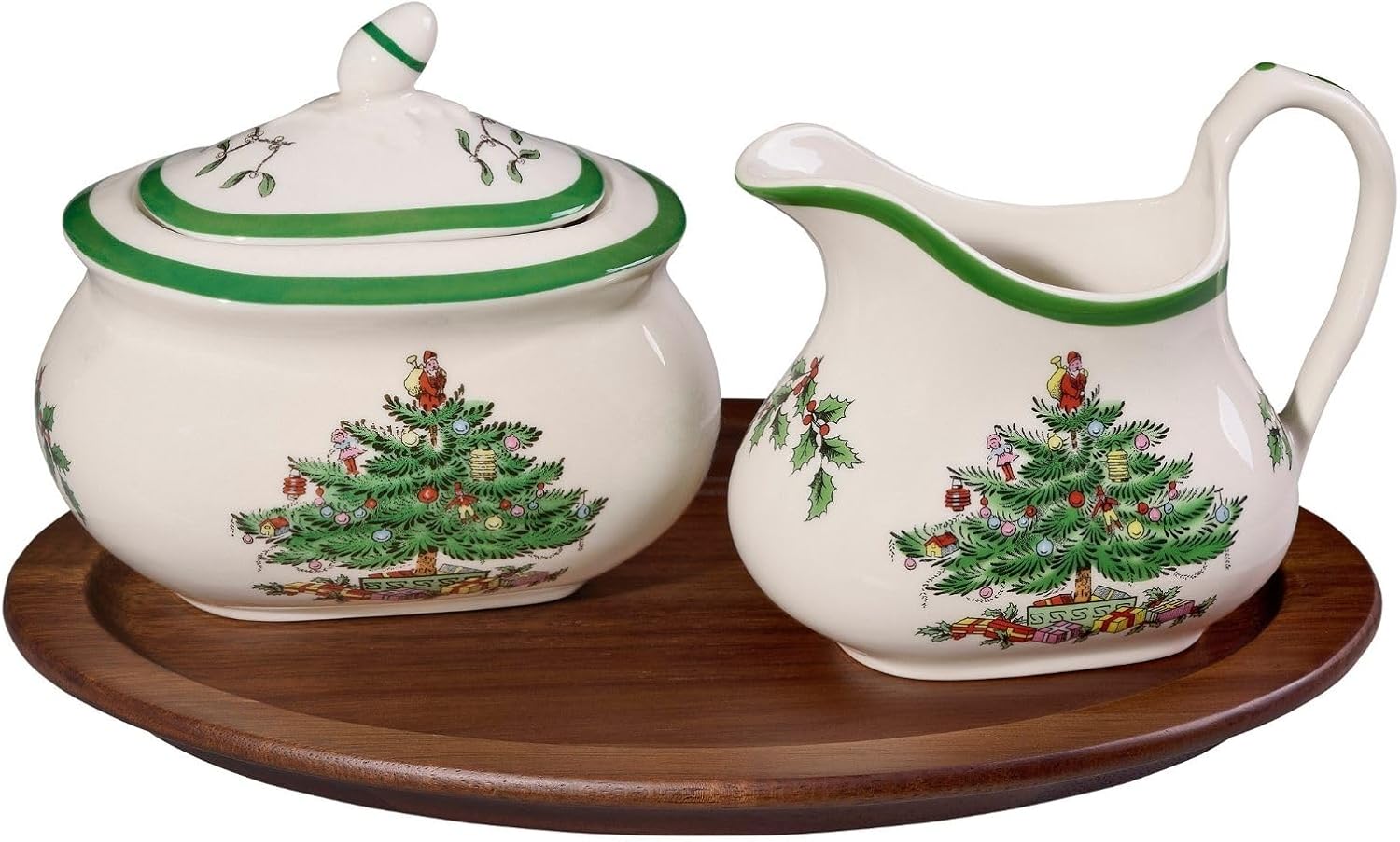 Spode Christmas Tree Collection Sugar and Creamer Set - 16 oz Sugar, 8 oz Creamer With Acacia Wood Tray - Dishwasher Safe