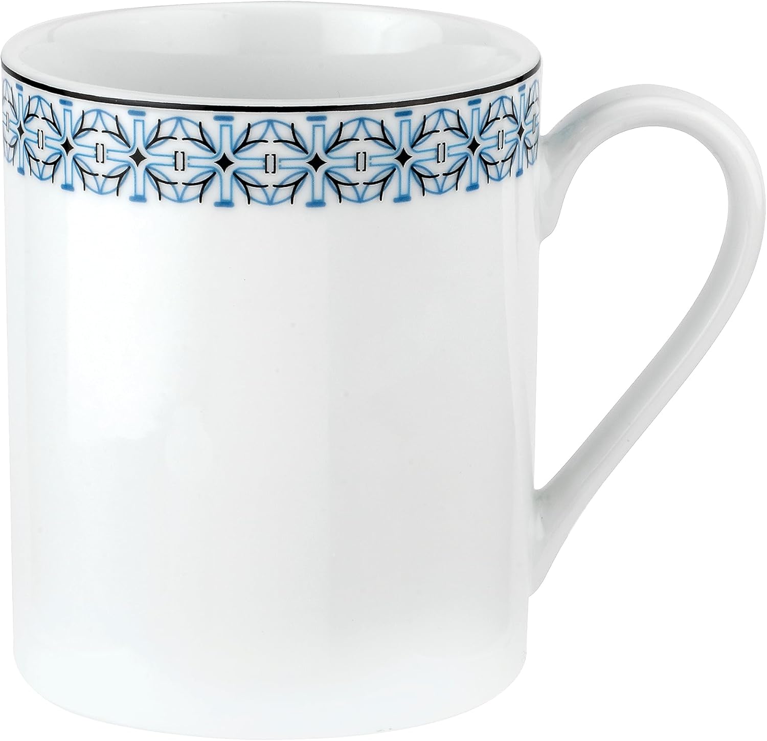 Portmeirion Home Mallorca 16 Piece Porcelain Dinnerware Set with Blue Geometric Border, 4 Place Settings - Ideal for Weekday Meals, Casual Brunches, Relaxed Dinner Parties, Small Family Celebrations