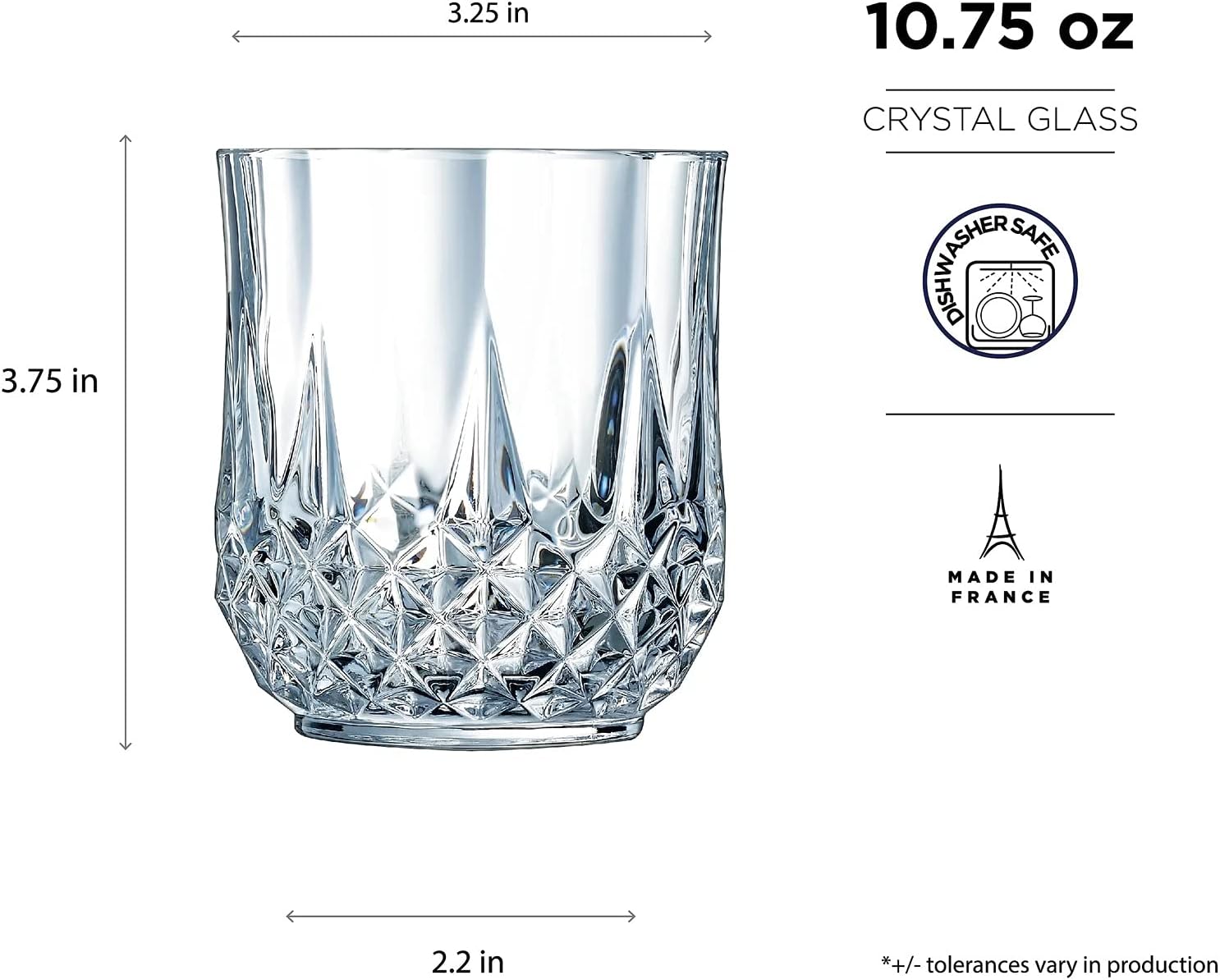 Crystal glass with dimensions and brand logos on a white background