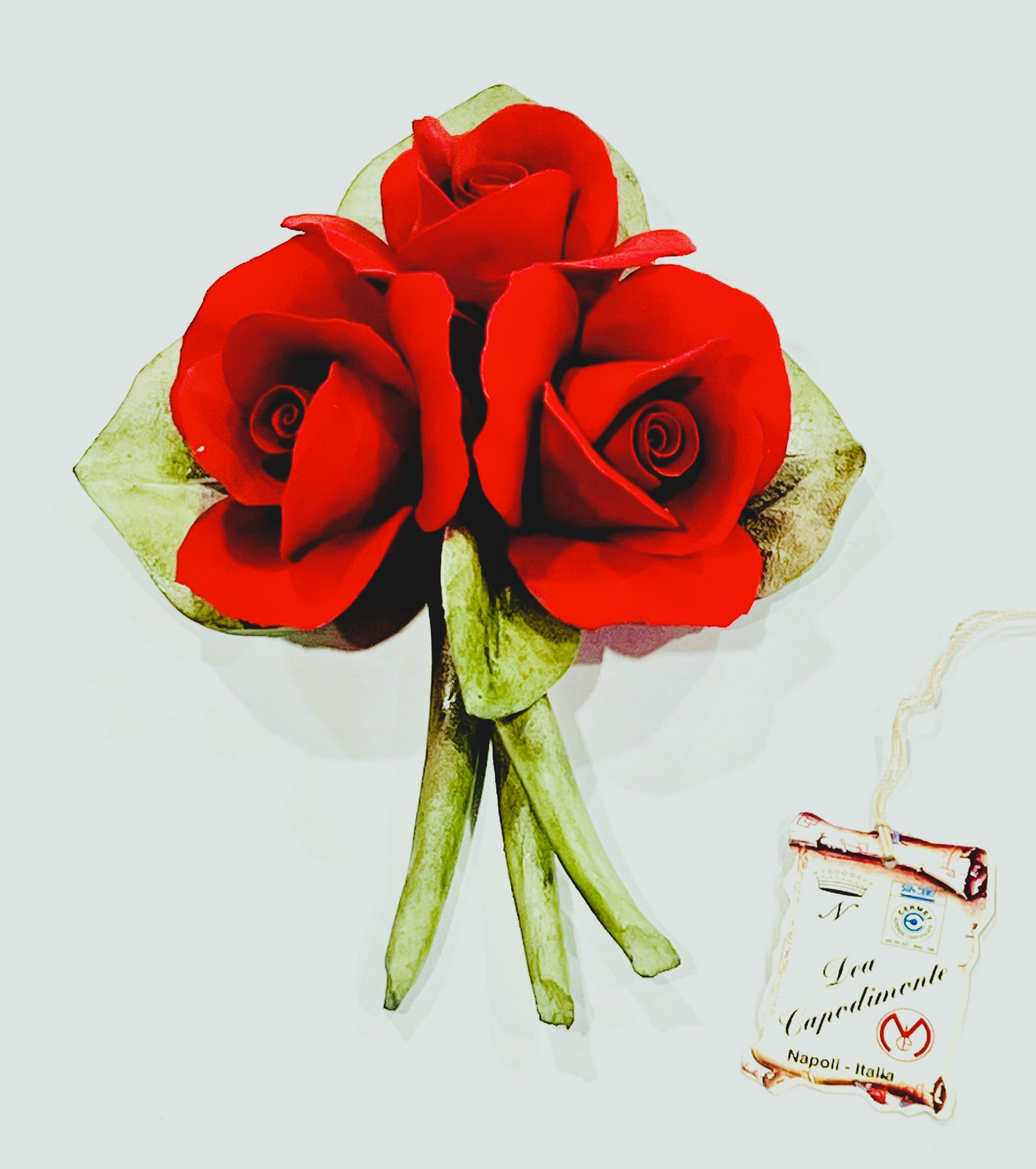 Red Roses on Green Leaf Original Capodimonte Porcelain Hand Made & hand Painted in Capodimonte ITALY