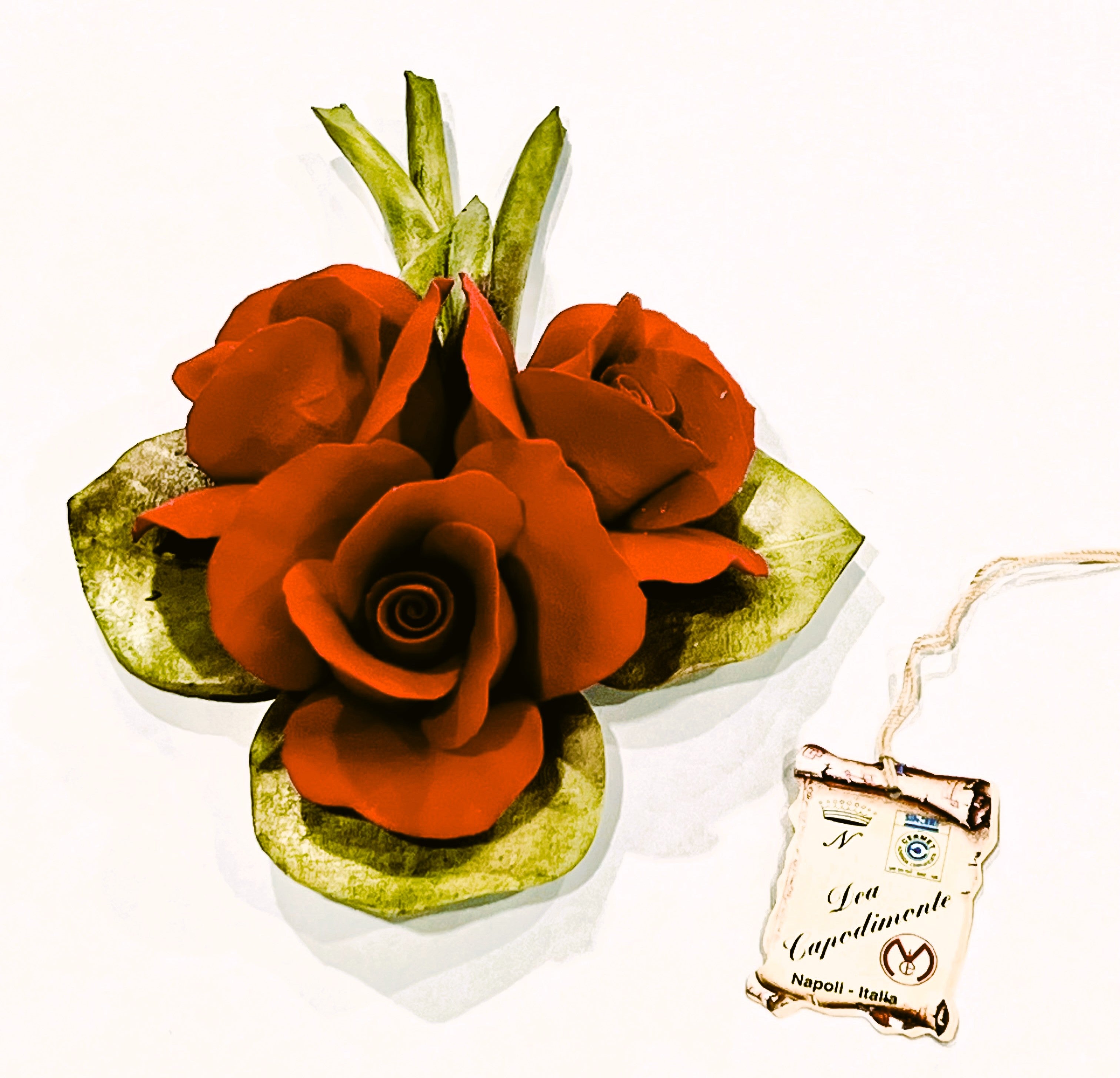 Red Roses on Green Leaf Original Capodimonte Porcelain Hand Made & hand Painted in Capodimonte ITALY