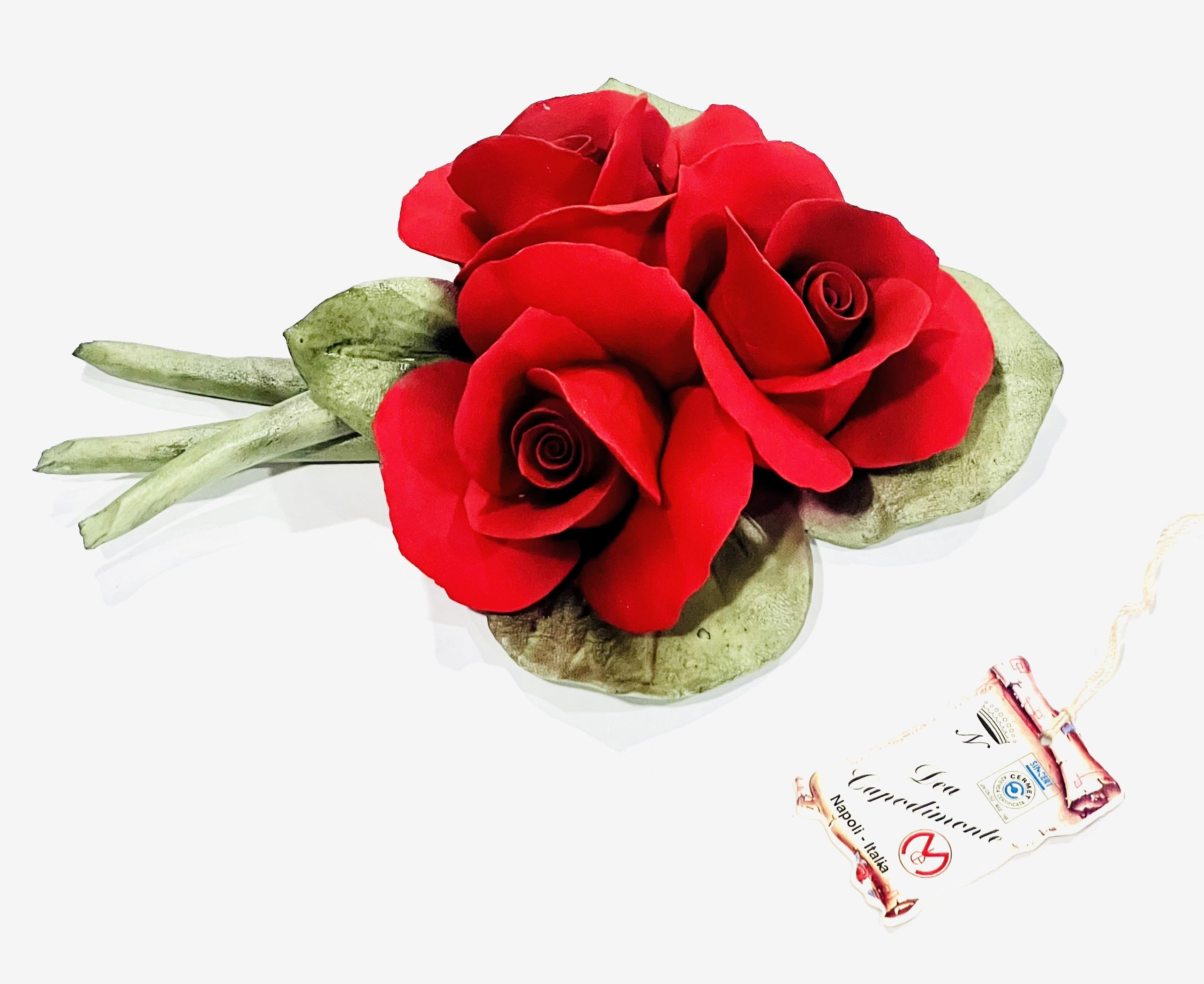 Red Roses on Green Leaf Original Capodimonte Porcelain Hand Made & hand Painted in Capodimonte ITALY