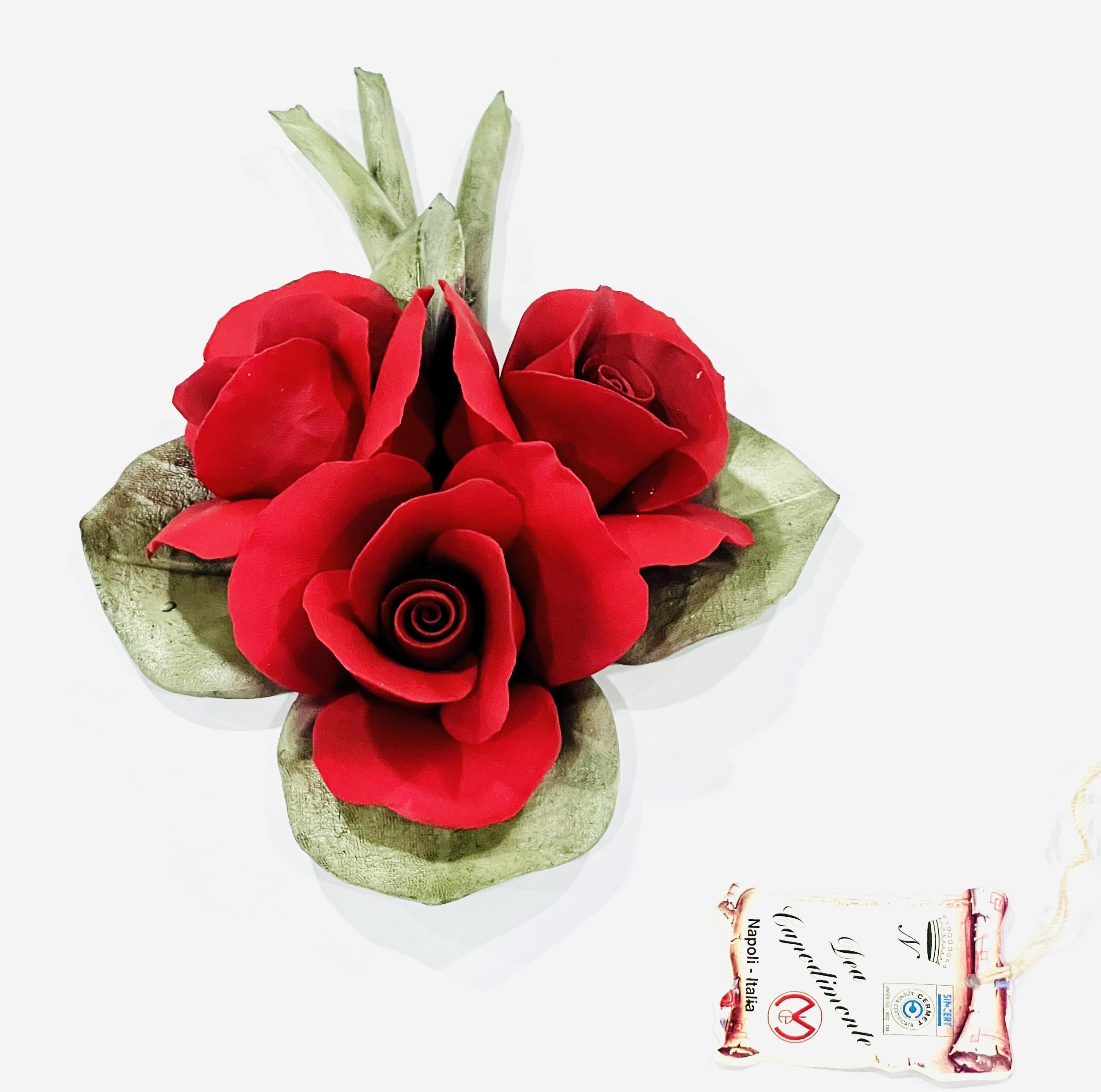 Red Roses on Green Leaf Original Capodimonte Porcelain Hand Made & hand Painted in Capodimonte ITALY