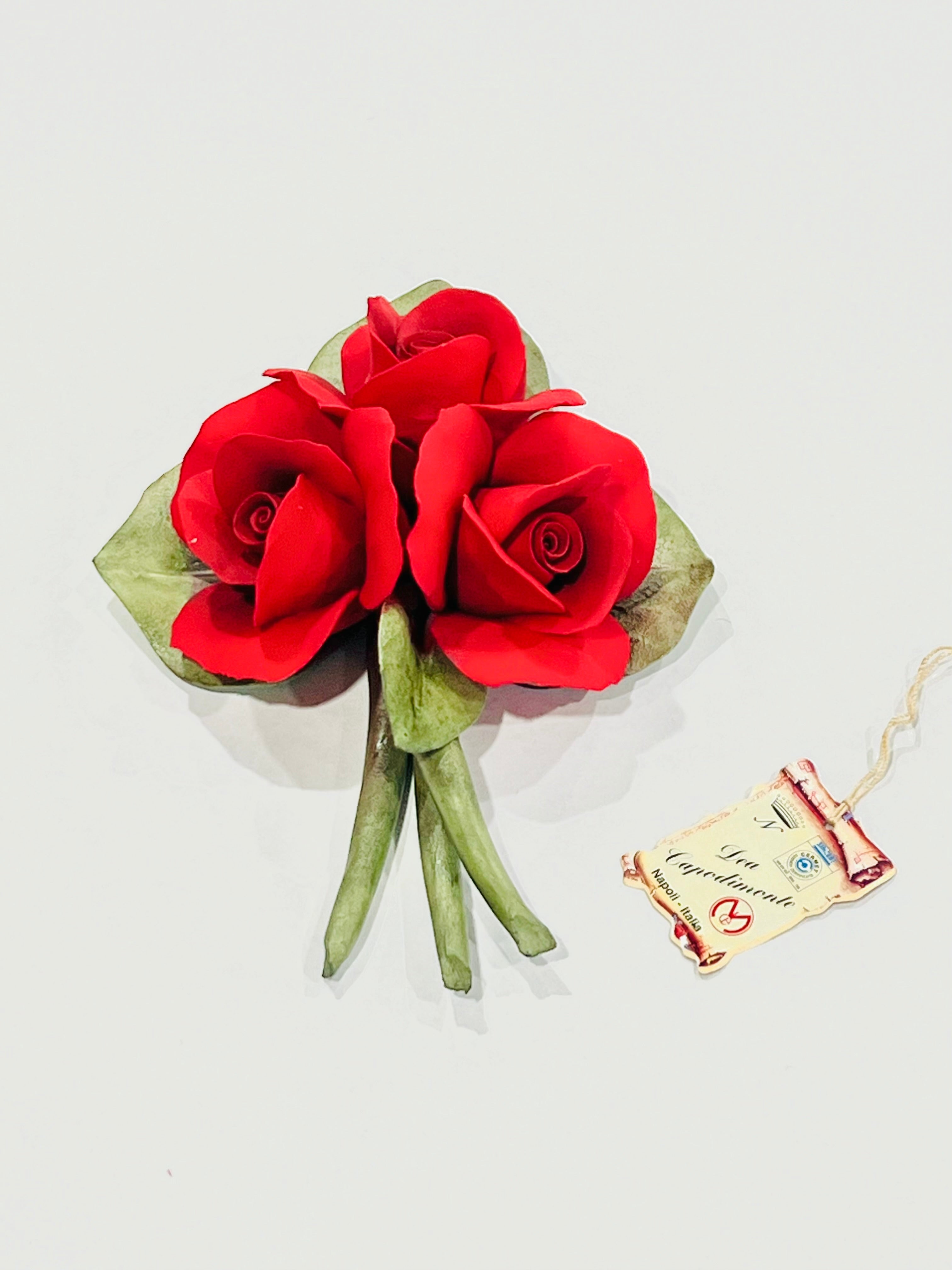 Red Roses on Green Leaf Original Capodimonte Porcelain Hand Made & hand Painted in Capodimonte ITALY