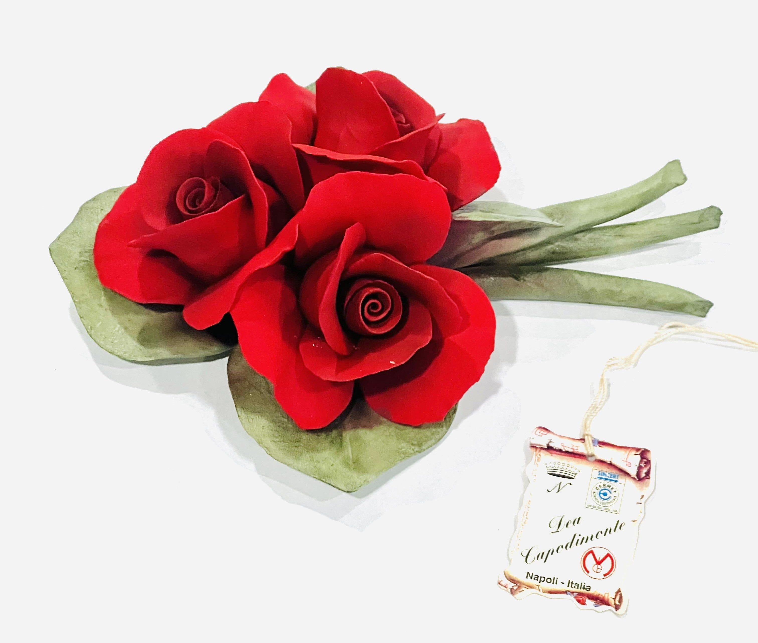 Red Roses on Green Leaf Original Capodimonte Porcelain Hand Made & hand Painted in Capodimonte ITALY