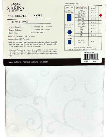 Table Cloth Jacquard White 60"wide X 84"long