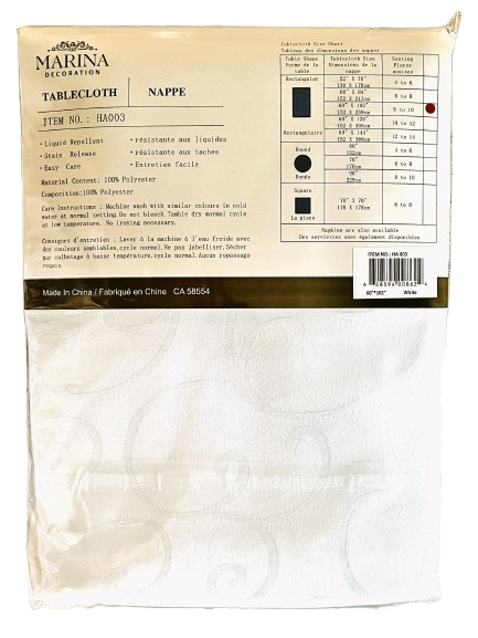 Table Cloth Jacquard White 60"Wide X 102"Long
