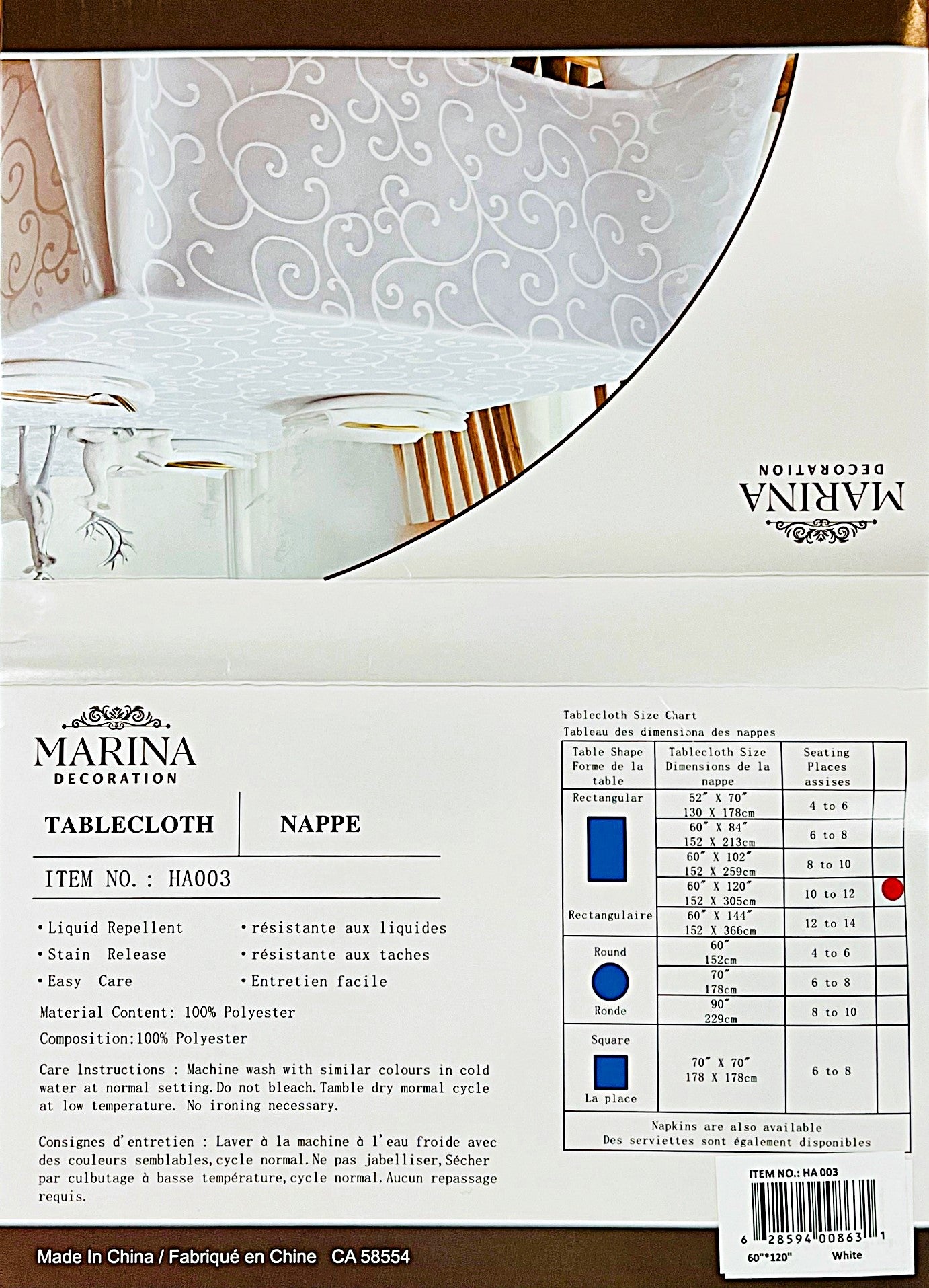 Table Cloth Jacquard White 60"Wide X 120"Long