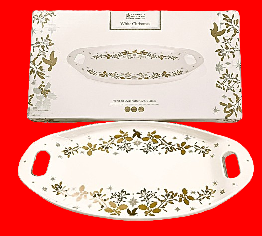 Decorative Holiday oval platter with floral pattern on a white background