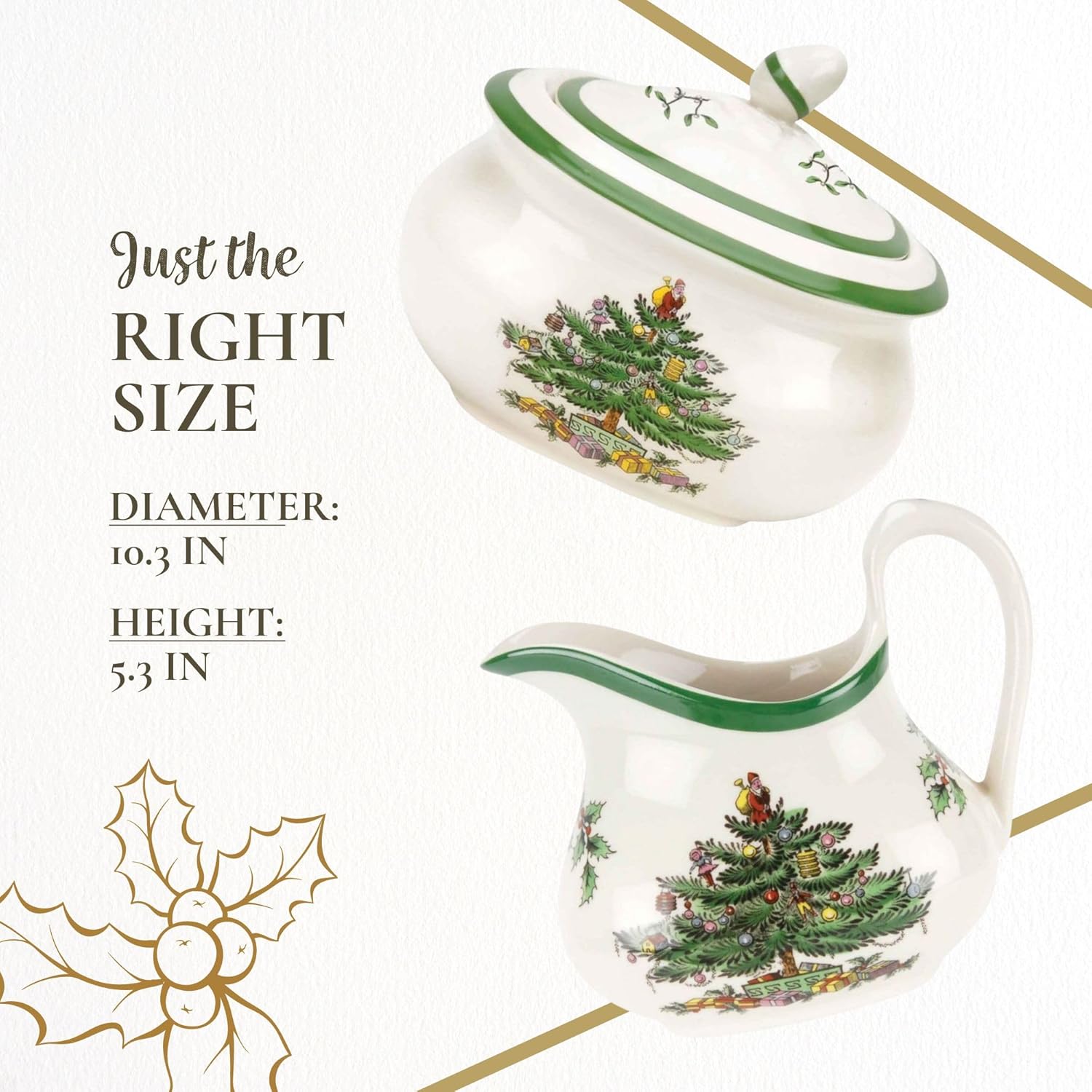 Spode Christmas Tree Collection Sugar and Creamer Set - 16 oz Sugar, 8 oz Creamer With Acacia Wood Tray - Dishwasher Safe