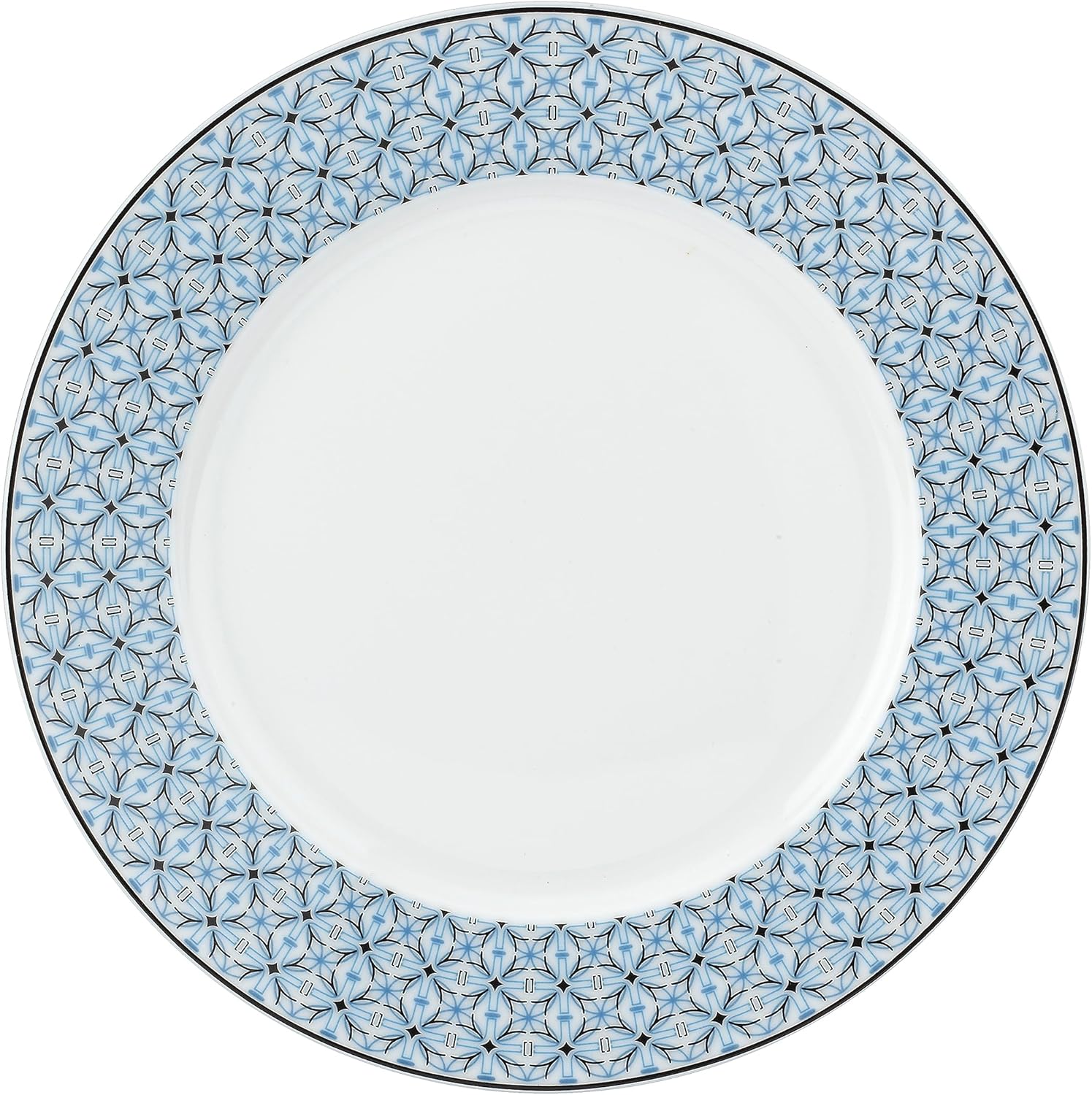 Portmeirion Home Mallorca 16 Piece Porcelain Dinnerware Set with Blue Geometric Border, 4 Place Settings - Ideal for Weekday Meals, Casual Brunches, Relaxed Dinner Parties, Small Family Celebrations