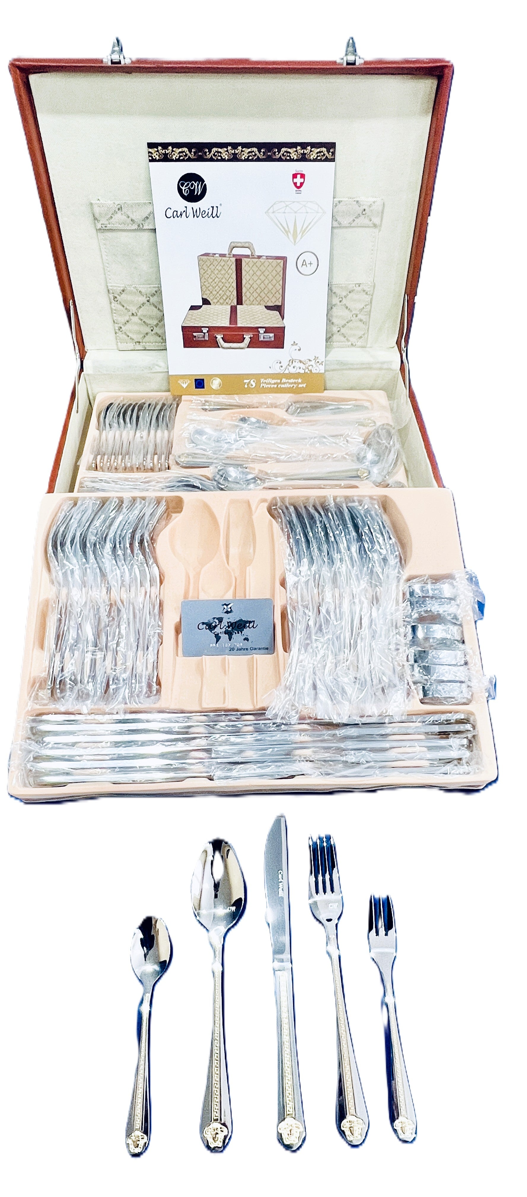 Flatware 78 Piece Set 18/10 Stainless Steel Versalion Gold from Carl Weill, Service for 12 people include 12 serving piece set