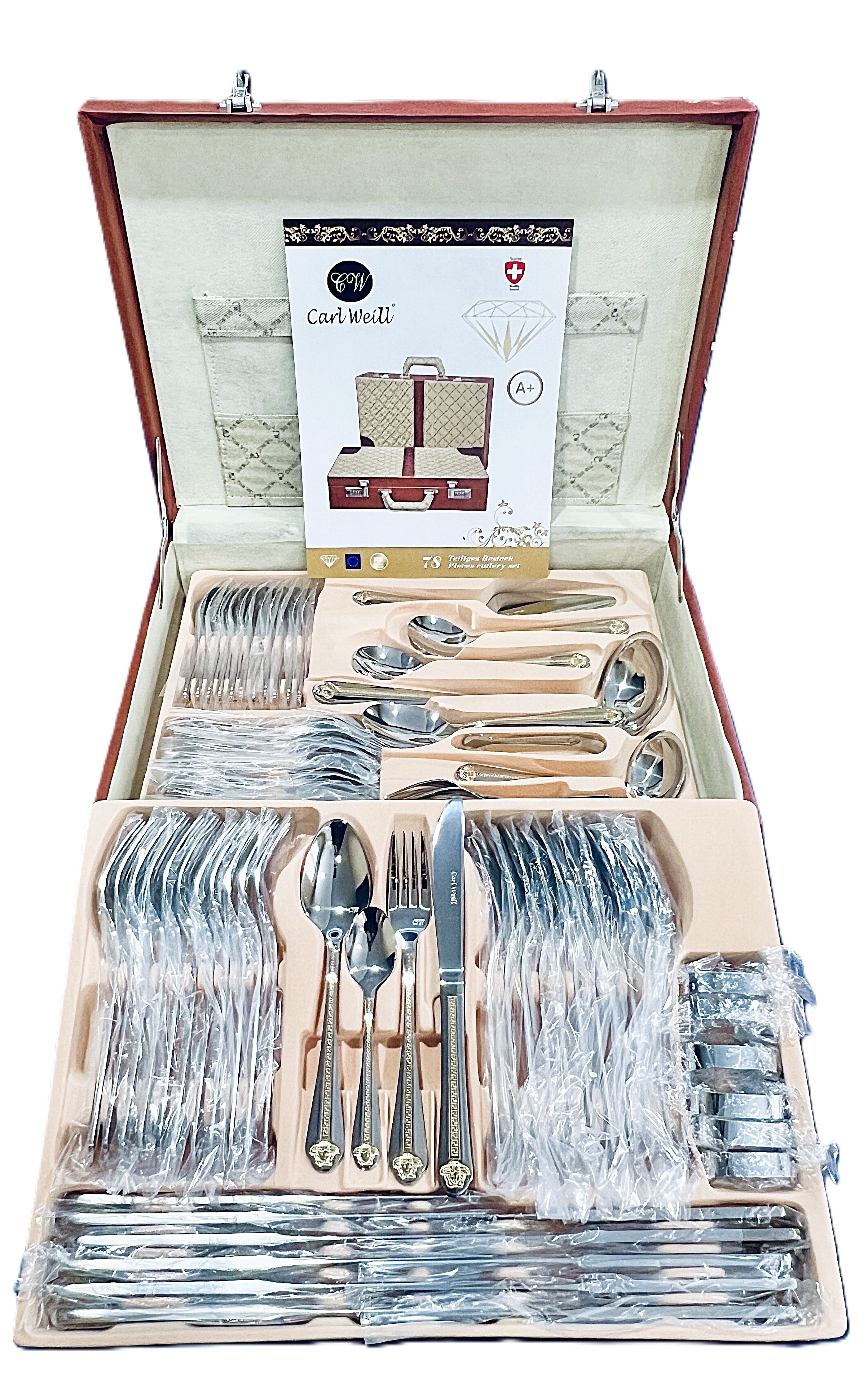 Flatware 78 Piece Set 18/10 Stainless Steel Versalion Gold from Carl Weill, Service for 12 people include 12 serving piece set